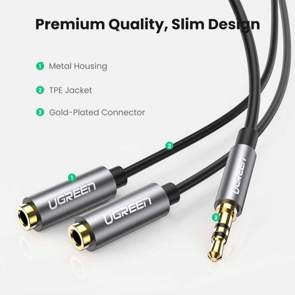 Imagen de Adaptador Ugreen 3.5mm Macho A 2 Hembras Negro