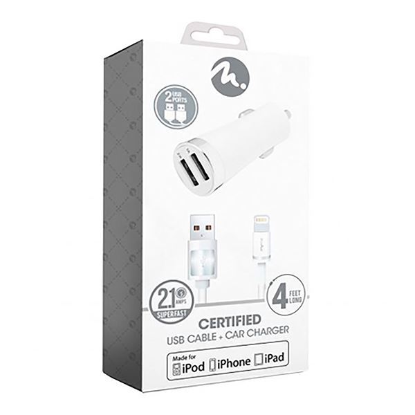Imagen de Cargador De Auto Fifo Doble Usb 2,1a Cable Lightning Mfi